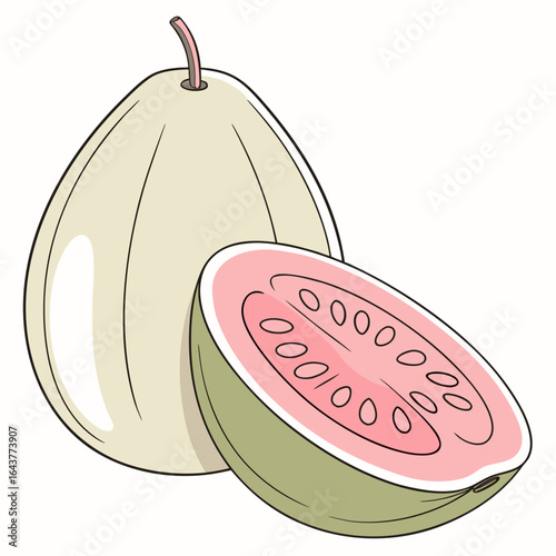 A whole and half cut ripe guava fruit in cartoon style