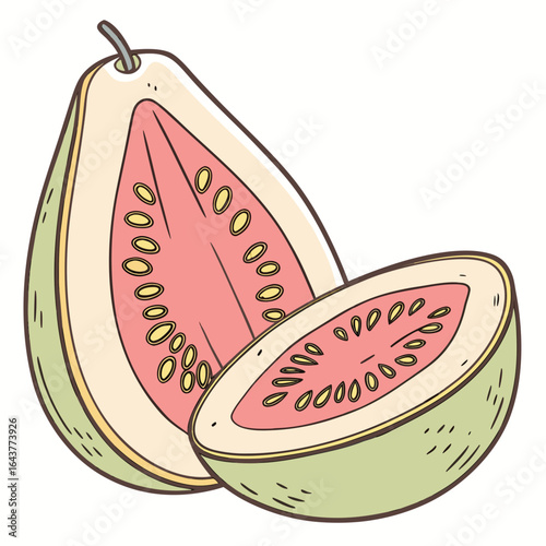 Illustration of two cut guavas, showing pink flesh and light green skin