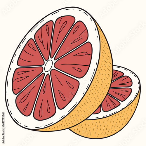 Two halved pieces of grapefruit, delicious and full of vitamin C, healthy