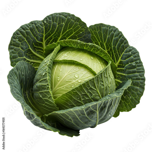 Cabbage's Verdant Charm: A close-up study presents a pristine, vibrant green cabbage, its leaves glistening with droplets of water, offering a glimpse of natural, culinary freshness.