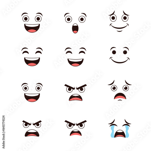 Collection of twelve expressive cartoon faces showing various emotions and feelings