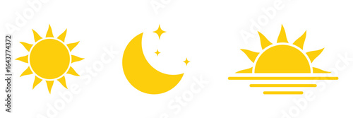 Parts of the day, morning, afternoon, noon, sunset and night icons. Sun moon and star icons in yellow on white background
