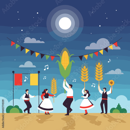 Traditional harvest festival celebration under the moonlit sky with dancing people