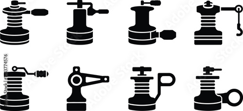 Capstan winch machine industrial equipment icon set silhouette