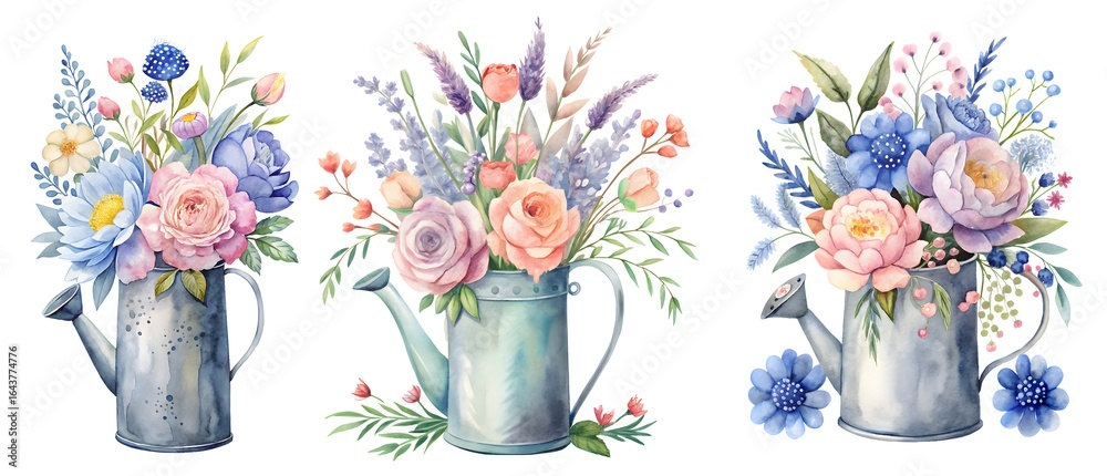 Obraz premium Beautiful Floral Arrangements in Vintage Watering Cans