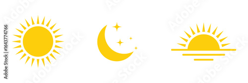 Parts of the day, morning, afternoon, noon, sunset and night icons. Sun moon and star icons in yellow on white background
