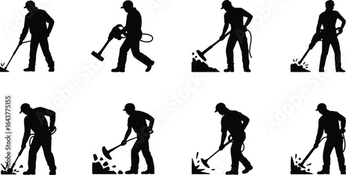 Construction workers operating jackhammers in silhouette style