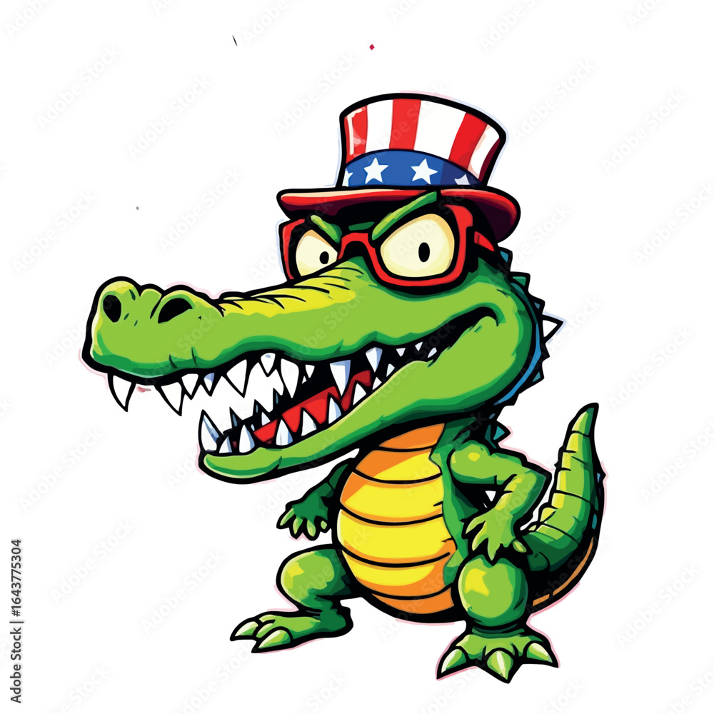 Fototapeta premium Vsai angry alligator wearing glasses and usa hat cartoon character
