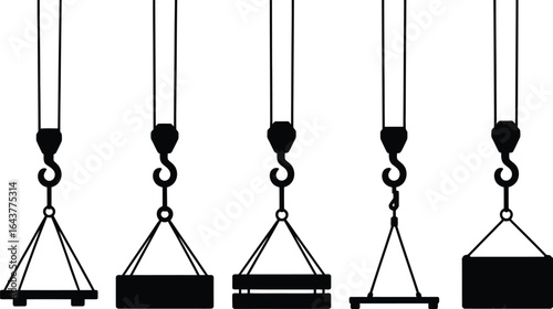Crane hoist hook and cargo icons for industrial and logistics applications silhouette