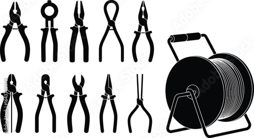 Collection of diverse pliers and wire spool silhouette