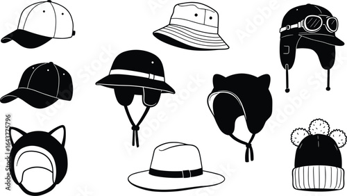Vector set of various hats, winter and summer headwear, cap, beanie, bucket hat, trapper hat, fashion accessories, flat sketch, cartoon illustration
