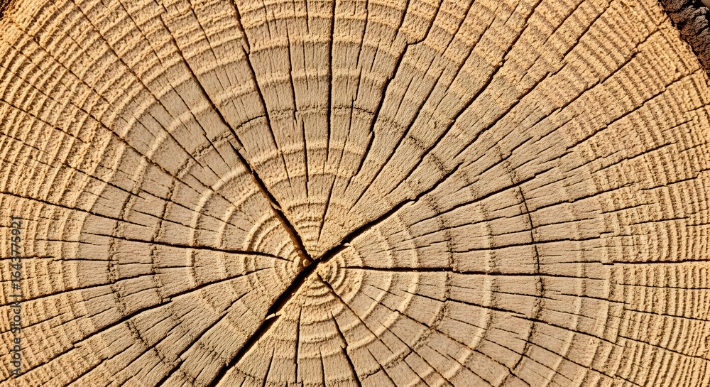 Fototapeta premium Detailed macro view of a wooden log's cross-section with annual growth rings and deep radial cracks creating a natural whisk pattern.