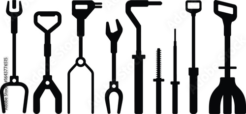 Collection of metal farming and construction tools silhouette