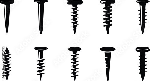 Collection of black silhouette icons for nails and screws