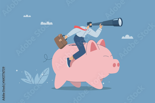 Financial foresight concept. Businessman riding a piggy bank using a telescope to find investment opportunities and plan future savings growth. Business strategy and vision vector illustration.