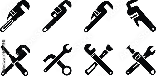 Collection of industrial pipe wrench and spanner tool icons in silhouette