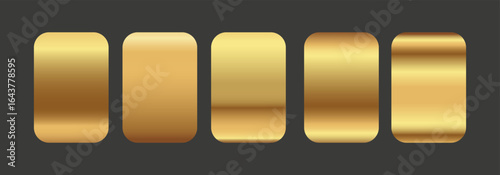 Gold gradient shapes collection on black background. Luxury metallic swatches for elegant design projects.