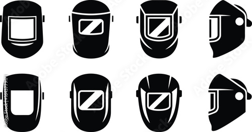 Set of welding mask and protective helmet icons in silhouette style