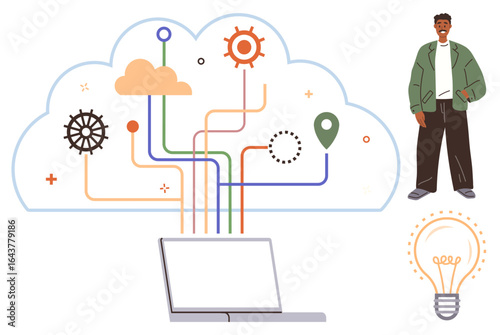 Person standing beside a cloud linking a laptop, gears, maps, and a light bulb. Ideal for technology, cloud computing, data transfer, innovation, creativity teamwork and connectivity metaphors