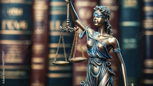 A statue of Lady Justice with a scale and sword in front of a row of books.