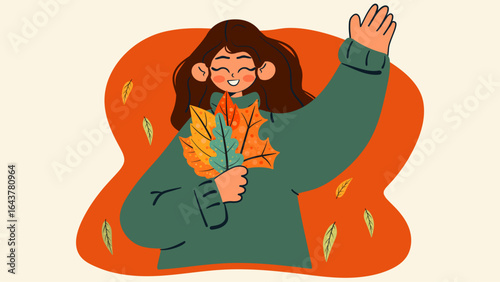 Woman holding a bouquet of autumn leaves. Isolated vector illustration.