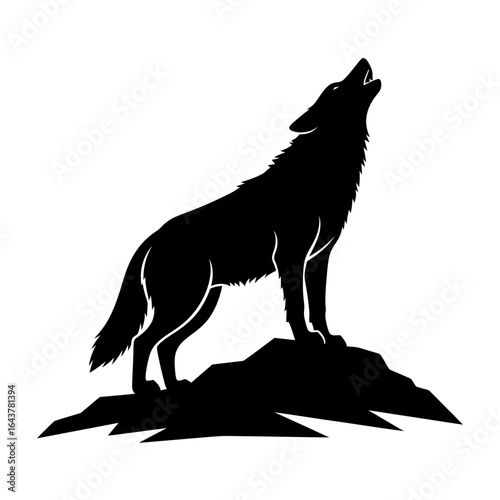 Howling wolf silhouette on a rocky outcrop, The lone wolf standing tall on a peak against a white backdrop