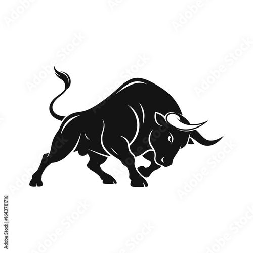 Powerful and Intimidating Black Bull Silhouette, Perfect for Logos and Branding,Dynamic and Symbolic Image of a Charging Bull, Ideal for Business and Finance