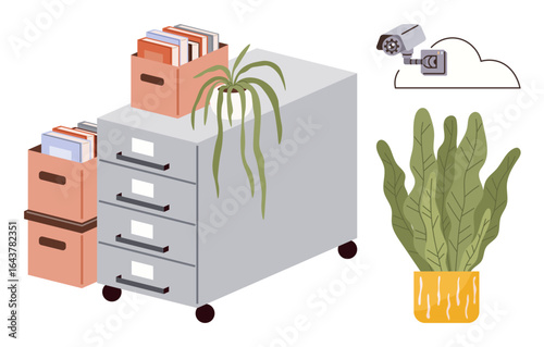 Filing cabinet with drawers holding documents, office plant, potted greenery, cloud storage icon, and security camera. Ideal for organization, workspace, office decor, technology security