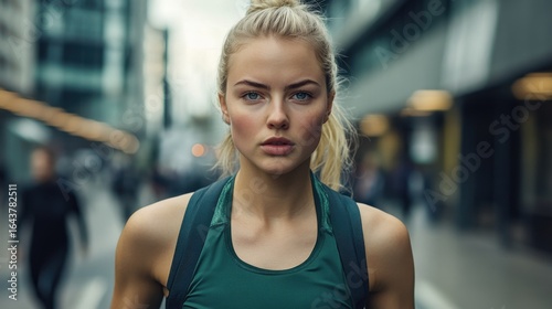Free Download medium close up of a young blonde woman in a green workout outfit in a busy modern city
 - GFXLoad