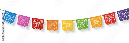 Colorful Mexican paper cut-out bunting on a white background