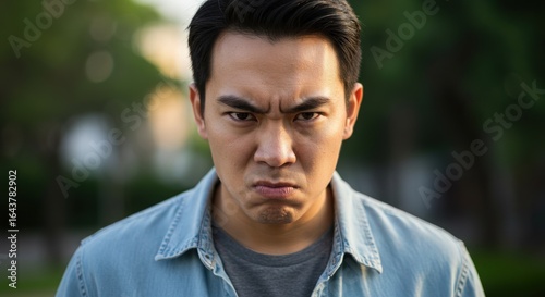 An asian man with an angry expression is staring intensely at the camera