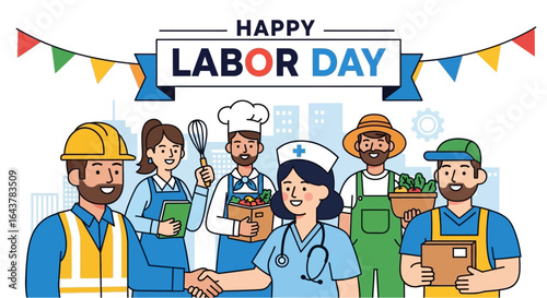 Celebrate diverse workers united for Labor Day with colorful bunting and city skyline, showing appreciation for all professions and their contributions.
