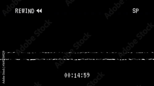 Analog TV VHS with rewind sign and timer on black background. 4K video