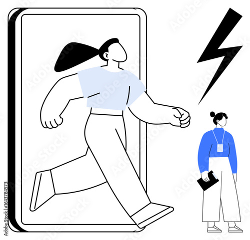 Large figure stepping out of a smartphone symbolizes breakthrough ideas. Smaller figure with notebook and lightning bolt highlight learning, empowerment, tech, innovation. Ideal for creativity