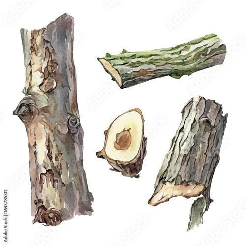 A painted in watercolor, this hand-drawn slippery elm bark, isolated on a white background, elegant vector design, EPS format. vector flower set design. illustration