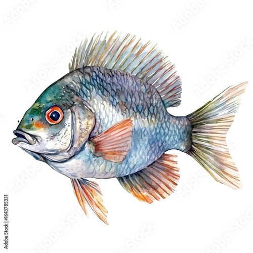 A high-quality watercolor illustration of tilapia fish, soft colors, and fine brush details, hand-drawn and isolated on a white background, EPS format. simple painting set