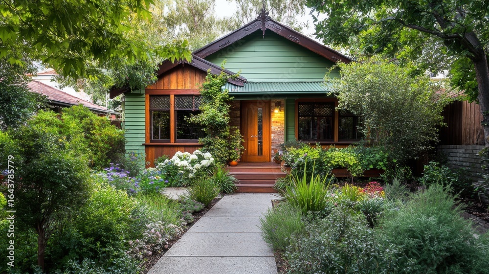 Melbourne style house exterior design, single-story structure, horizontal wood siding facade, sections painted light green
Melbourne style house exterior design, single-story structure, horizontal wood siding facade, sections painted light green