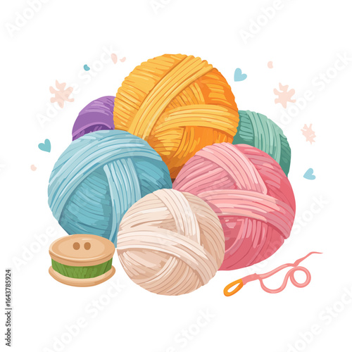 Colorful yarn balls with button and crochet hook. Knitting and craft supplies illustration. Hobby and creative process concept. Wool threads