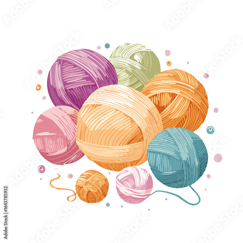 Colorful yarn balls illustration vector craft design and handmade hobby background for fiber art and textile projects