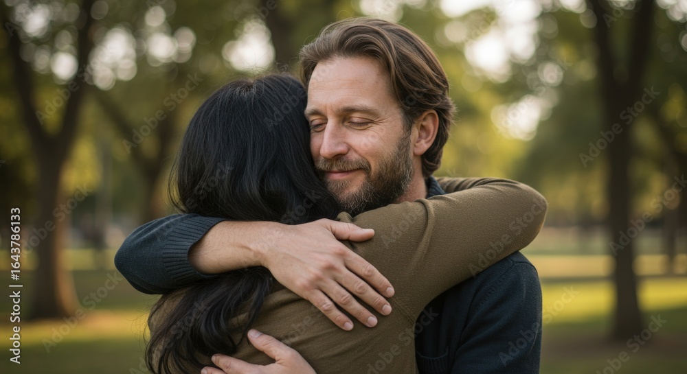 A man and woman share a warm embrace in a natural setting, expressing love A man and woman share a warm embrace in a natural setting, expressing love