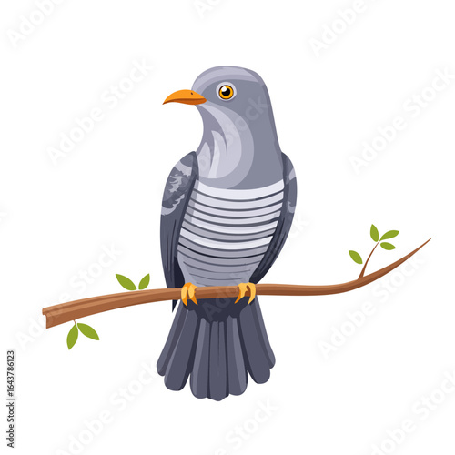 Cartoon cuckoo bird perched on a branch, facing left, vector illustration