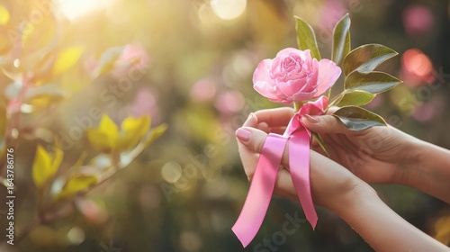 Two hands holding a pink rose with a pink ribbon against a blurred background of green leaves and flowers.