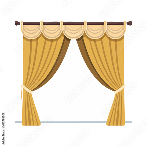 Open window with golden curtains, draperies and valance, vector illustration