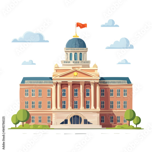 Illustration of a classical government building with dome, flag and columns