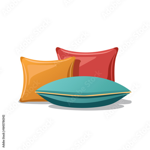 Stylized pillows in orange, red, and blue colors provide a decorative home accent for bedroom or living room decor, vector