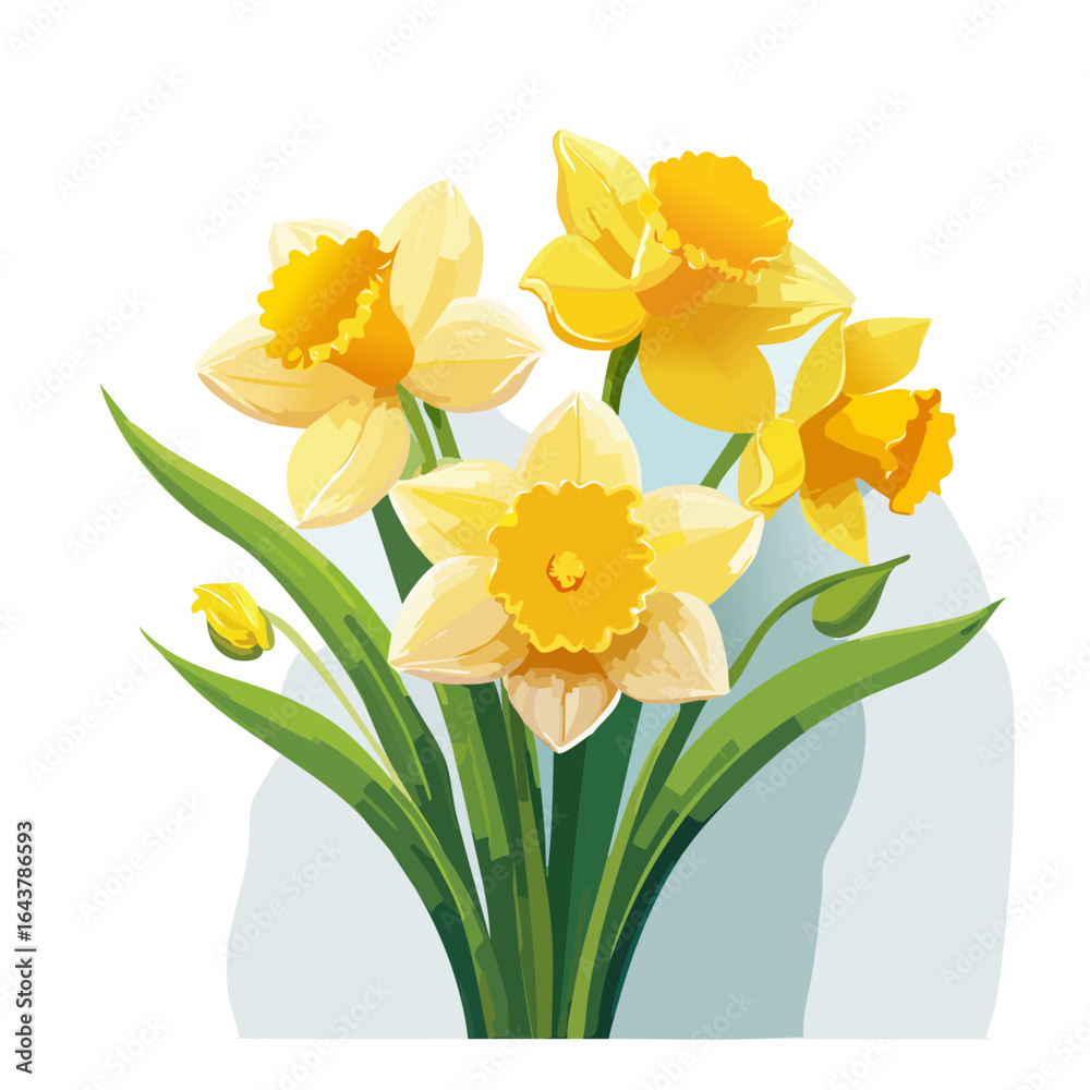 custom made wallpaper toronto digitalYellow daffodil flower bouquet with green leaves on pale blue background, illustration suitable for spring cards and designs