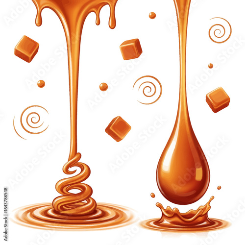 Rich caramel sauce dripping and swirling with sweet splashes and floating caramel cubes, isolated vector illustration