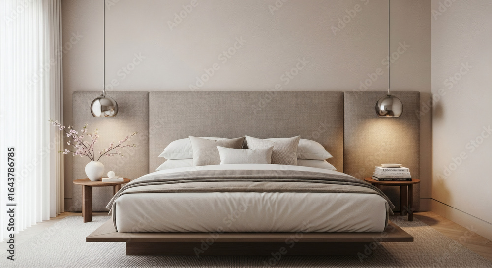 Fototapeta premium Serene Neutral Bedroom Interior with Platform Bed and Spherical Pendant Lamps