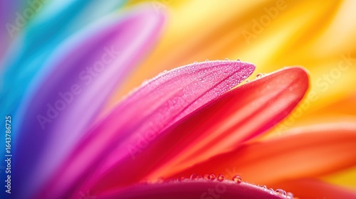 A vibrant, colorful flower with water droplets on its petals, set against a gradient background.