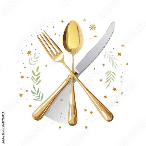 Golden silverware flat lay with decorative wreath element on black background